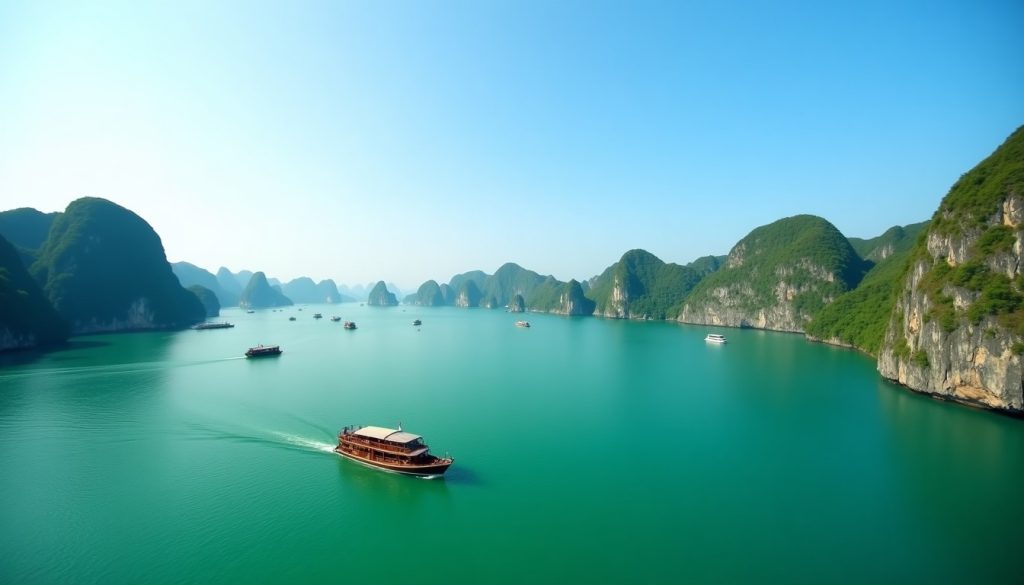 Toàn cảnh du lịch Cát Bà nhìn từ trên cao với vịnh Lan Hạ và đảo đá vôi xanh mát