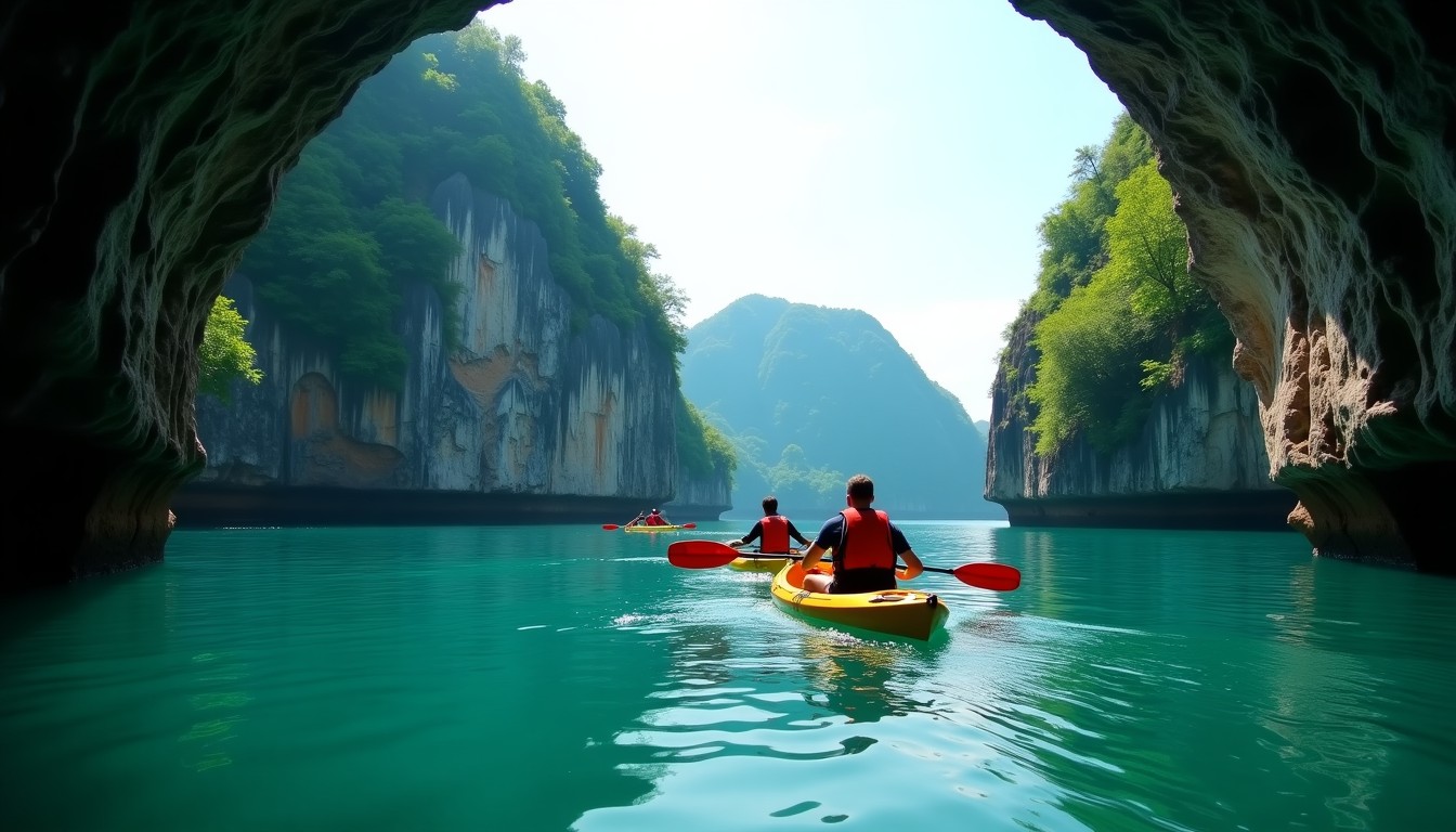 Du khách chèo thuyền kayak khám phá hang Sáng Tối tại vịnh Lan Hạ Cát Bà