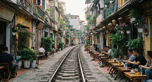 Quán cà phê đường tàu Hà Nội với đường ray uốn lượn giữa khu phố cổ