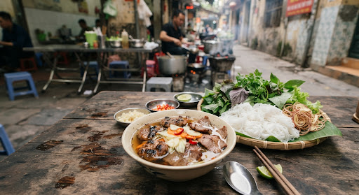 Bát bún chả Hà Nội truyền thống kèm chả nướng than hoa và rau sống